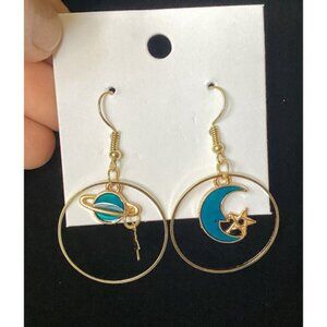 New Dangle Moon, Star & Planet Earrings Gold Tone & Blue Enamel Boho Jewelry